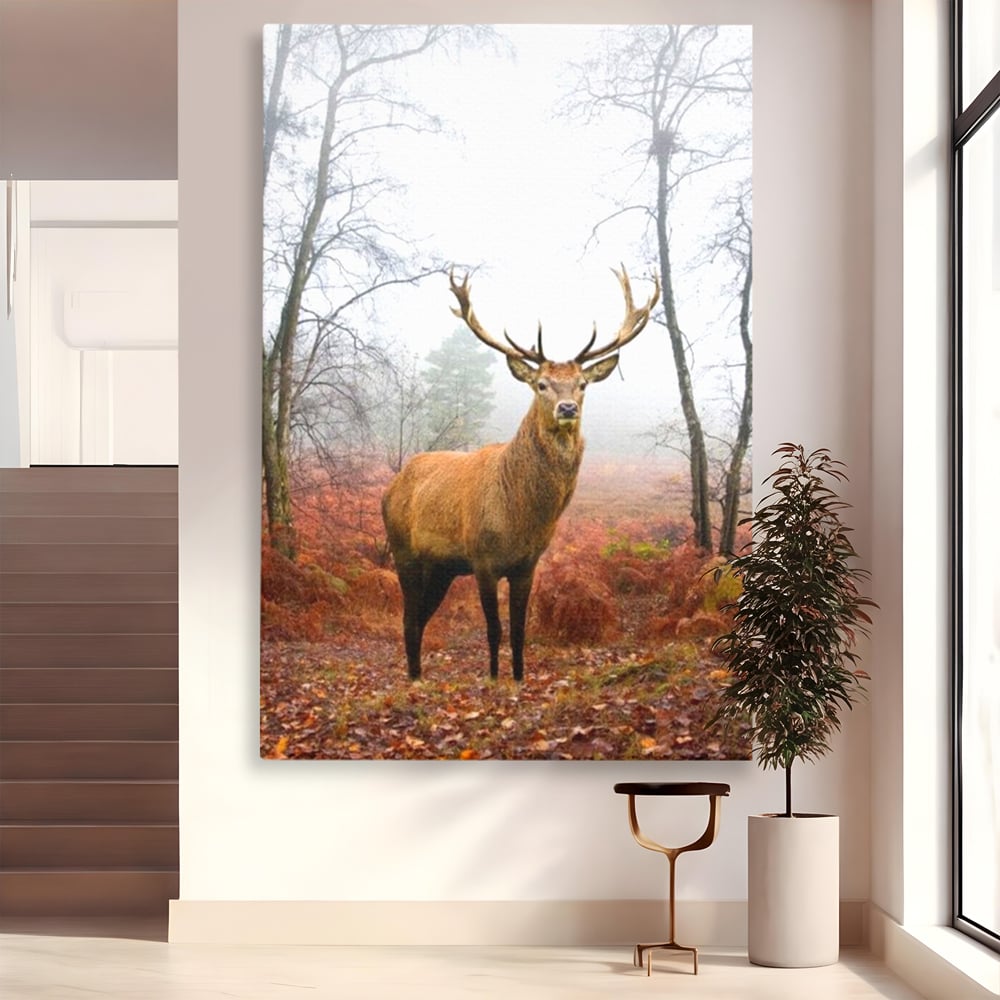 Tablou canvas cu tablou canvas cu cerb in padure cu ceata, fara rama, pe sasiu de lemn